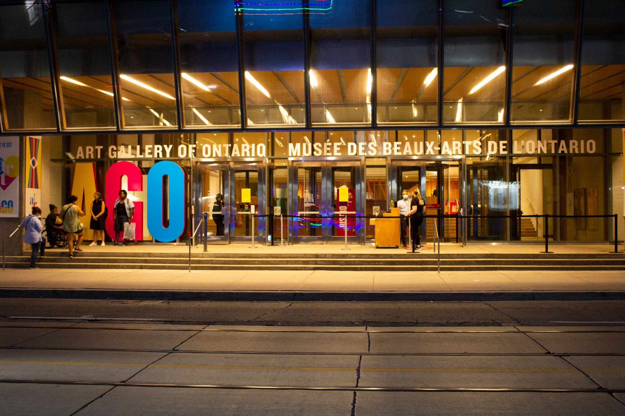 Art Gallery of Ontario (AGO) entrance illuminated at night