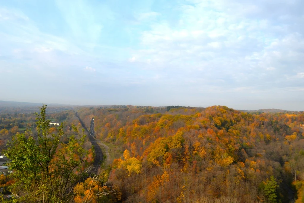 Overlooking Dundas Valley in autumn with rolling hills covered in colourful fall foliage