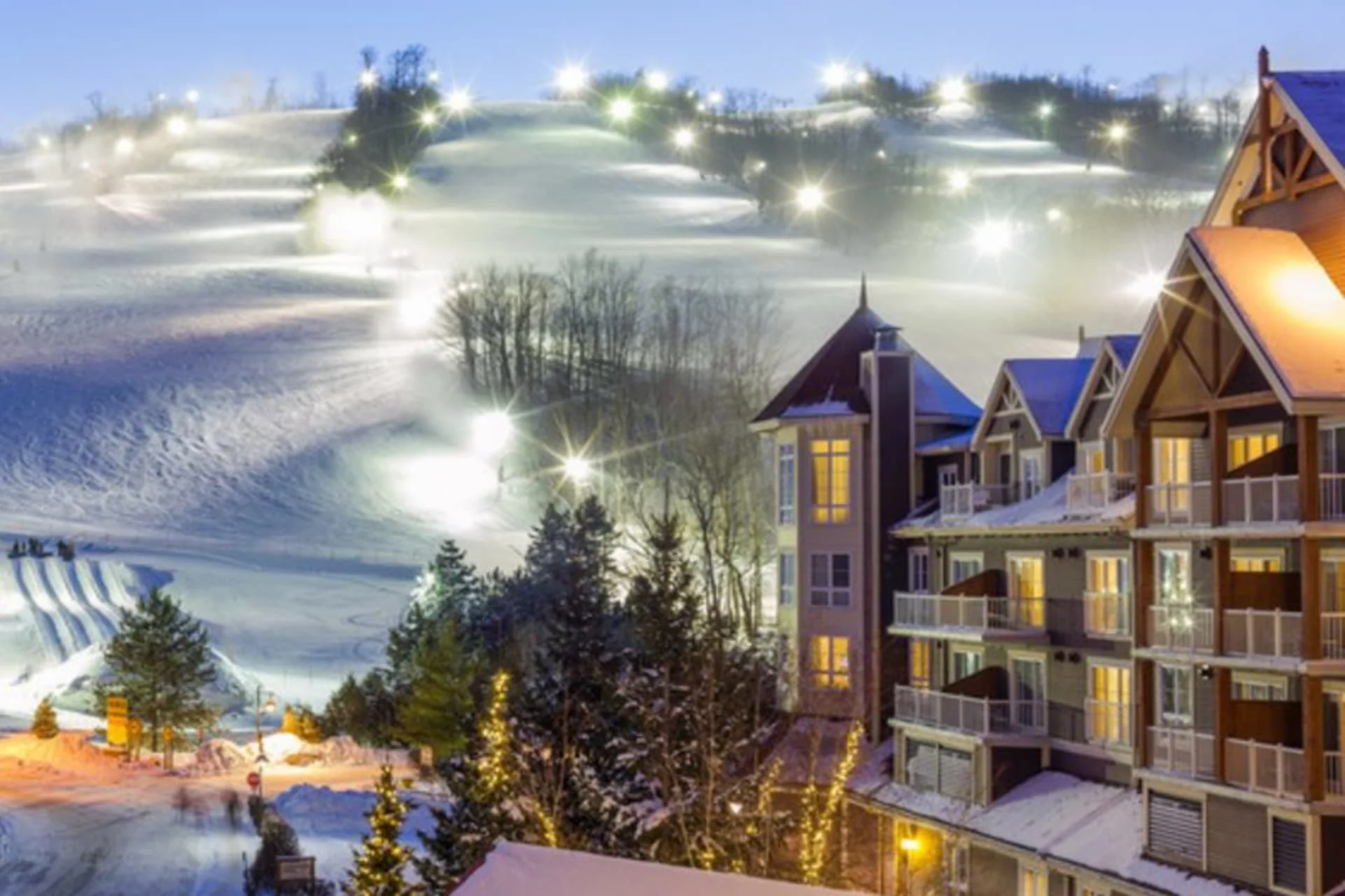 Blue Mountain Village and illuminated ski slopes at night