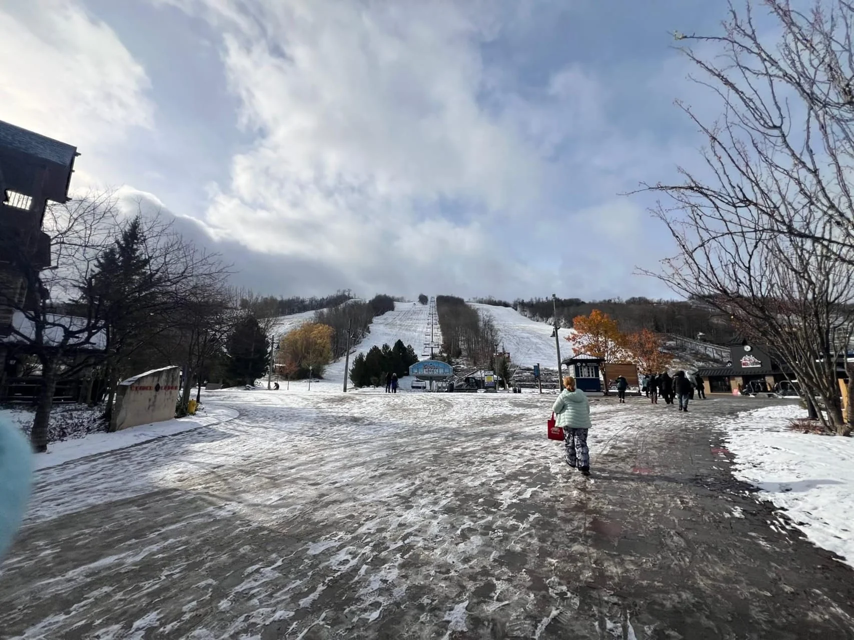 Blue Mountain base area with ski slopes and village buildings