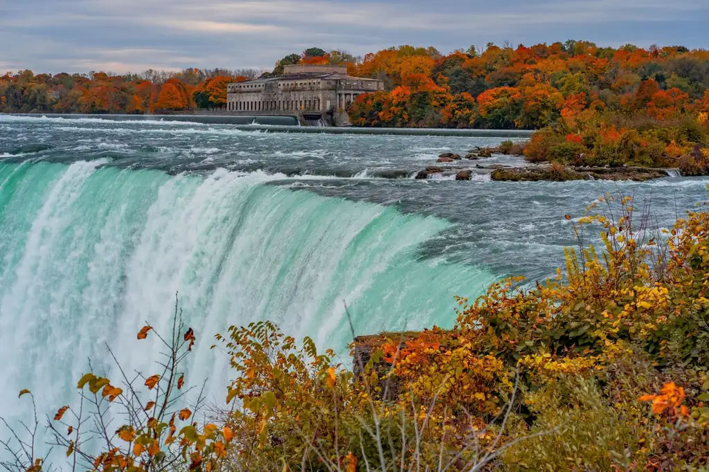 Close-up of Horseshoe Falls with fall leaves in foreground