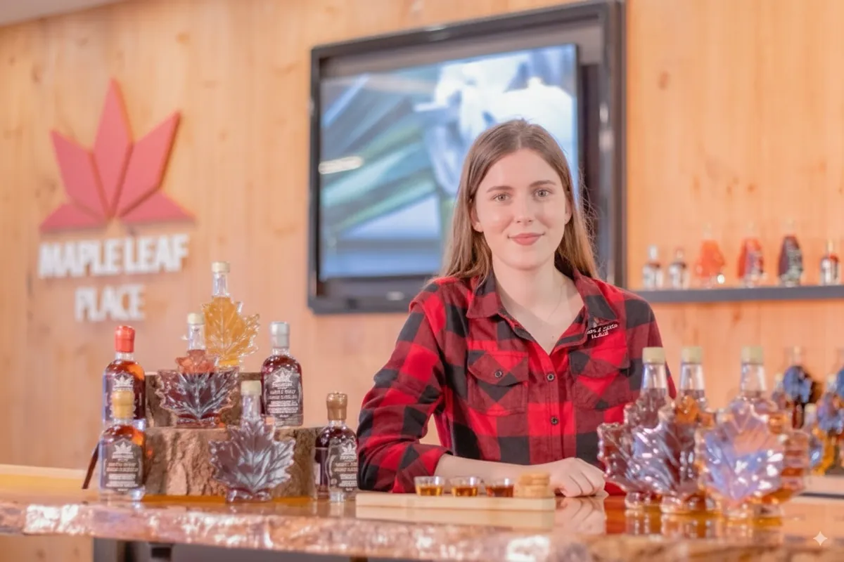 Guide presenting maple syrup tasting at Maple Leaf Place in Niagara Falls