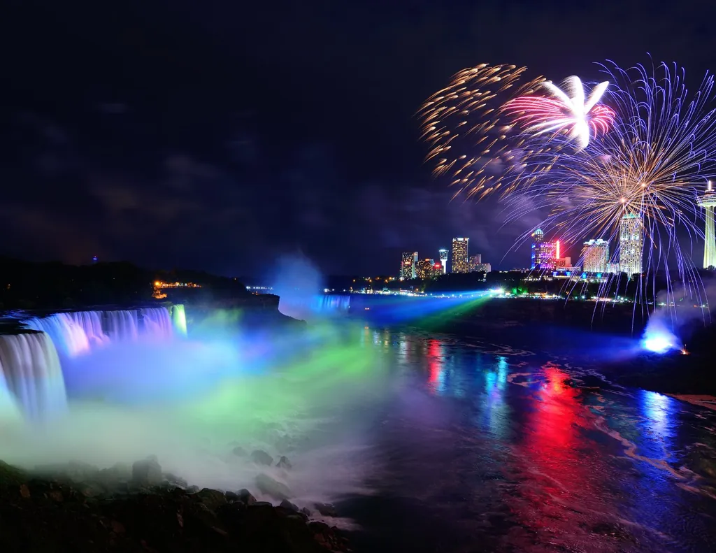Niagara Falls illuminated in rainbow colors during evening light show