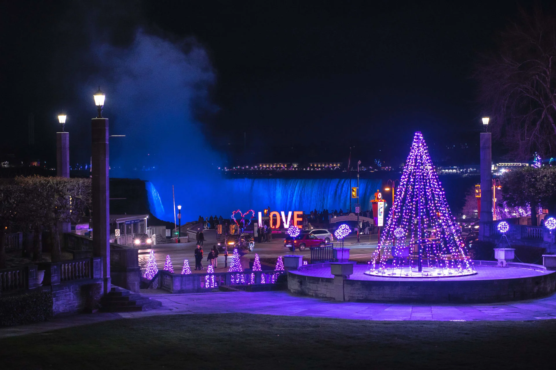 Stunning illuminated displays at Oaks Garden Theatre during Niagara's Winter Festival of Lights featuring colorful light installations