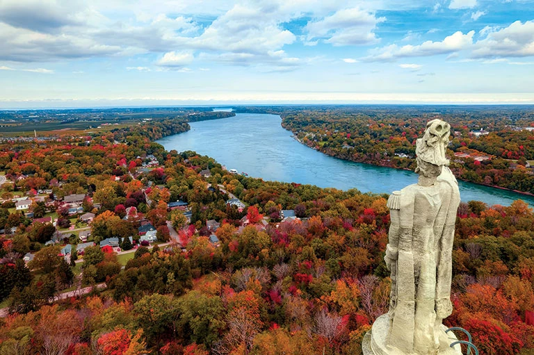 Panoramic hill-top view of Niagara River gorge and surrounding autumn landscape from Queenston Heights