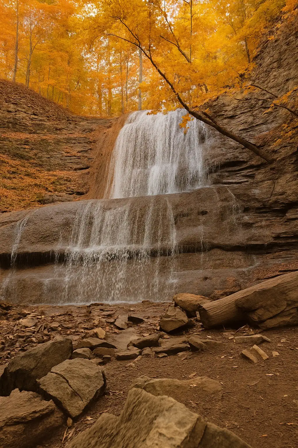 Sherman Falls in Hamilton surrounded by golden autumn leaves cascading down rocky steps
