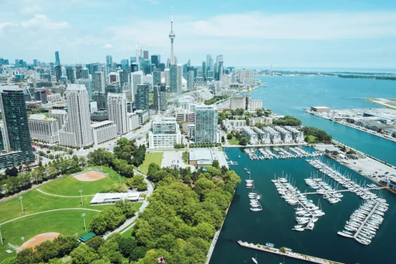 Toronto aerial view of harbourfront with boats and buildings